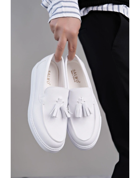 SLW153 Bloom Bağcıksız Püsküllü Cilt Erkek Günlük Spor Klasik Ayakkabı CBT - Beyaz