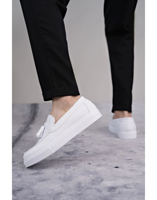 SLW153 Bloom Bağcıksız Püsküllü Cilt Erkek Günlük Spor Klasik Ayakkabı CBT - Beyaz