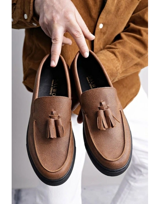 SLW153 Bloom Bağcıksız Püsküllü Cilt Erkek Günlük Spor Klasik Ayakkabı CST - Taba