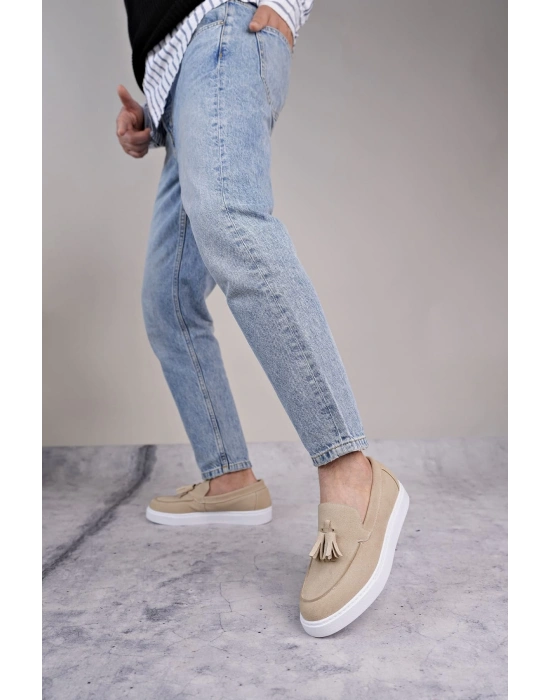 Slw153 Bloom Bağcıksız Püsküllü Süet Erkek Günlük Spor Sbt - Krem Erkek Klasik Ayakkabı