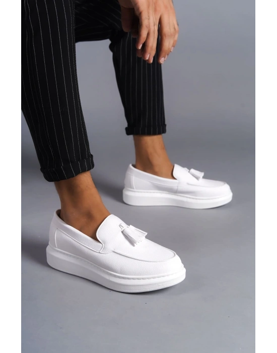 SLW154 Blaze Bağcıksız Püsküllü Cilt Erkek Günlük Spor Klasik Ayakkabı CBT - Beyaz