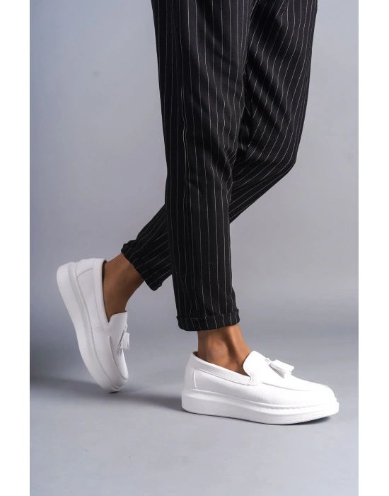 SLW154 Blaze Bağcıksız Püsküllü Cilt Erkek Günlük Spor Klasik Ayakkabı CBT - Beyaz