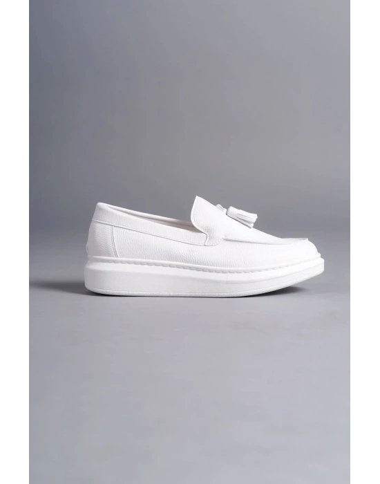 SLW154 Blaze Bağcıksız Püsküllü Cilt Erkek Günlük Spor Klasik Ayakkabı CBT - Beyaz