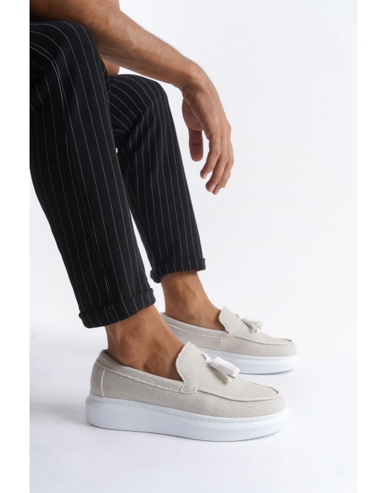 Slw154 Blaze Bağcıksız Püsküllü Keten Erkek Günlük Spor Kbt - Beyaz Erkek Klasik Ayakkabı