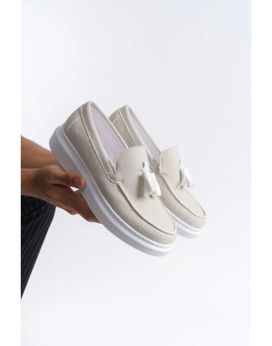 SLW154 Blaze Bağcıksız Püsküllü Keten Erkek Günlük Spor Klasik Ayakkabı KBT - Beyaz