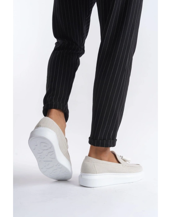 SLW154 Blaze Bağcıksız Püsküllü Keten Erkek Günlük Spor Klasik Ayakkabı KBT - Beyaz