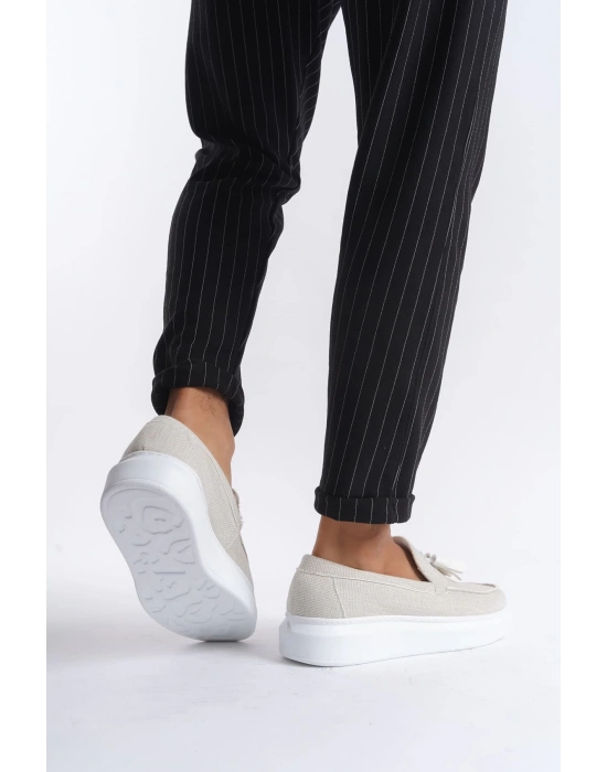 Slw154 Blaze Bağcıksız Püsküllü Keten Erkek Günlük Spor Kbt - Beyaz Erkek Klasik Ayakkabı