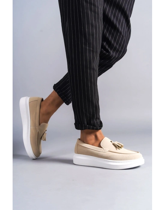 SLW154 Blaze Bağcıksız Püsküllü Süet Erkek Günlük Spor Klasik Ayakkabı SBT - Krem