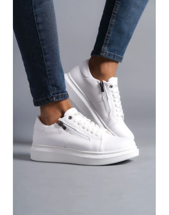 SLW155 Warrior Bağcıklı ve Fermuarlı Cilt Erkek Günlük Sneaker Ayakkabı CBT - Beyaz