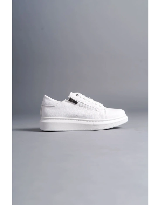 SLW155 Warrior Bağcıklı ve Fermuarlı Cilt Erkek Günlük Sneaker Ayakkabı CBT - Beyaz