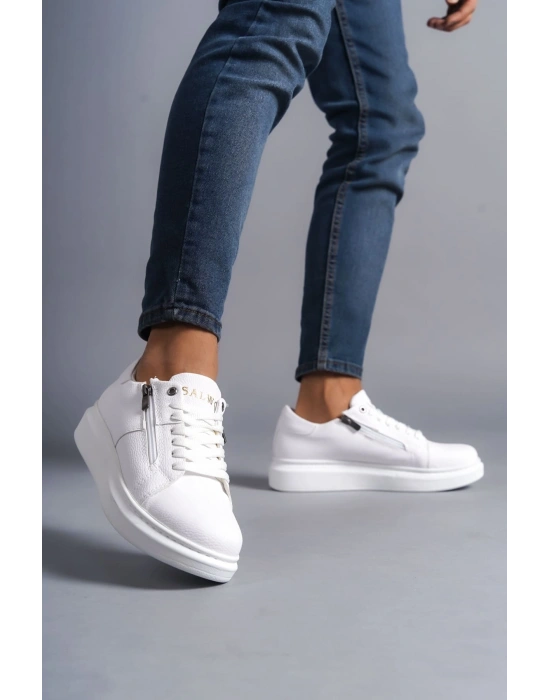 SLW155 Warrior Bağcıklı ve Fermuarlı Cilt Erkek Günlük Sneaker Ayakkabı CBT - Beyaz