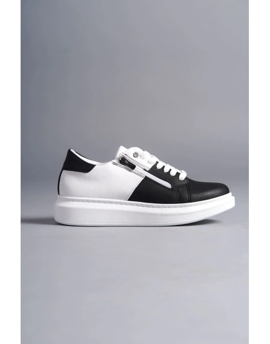 Slw155 Warrior Bağcıklı Ve Fermuarlı Cilt Erkek Günlük Cbt - Beyaz/siyah Erkek Sneaker Ayakkabı
