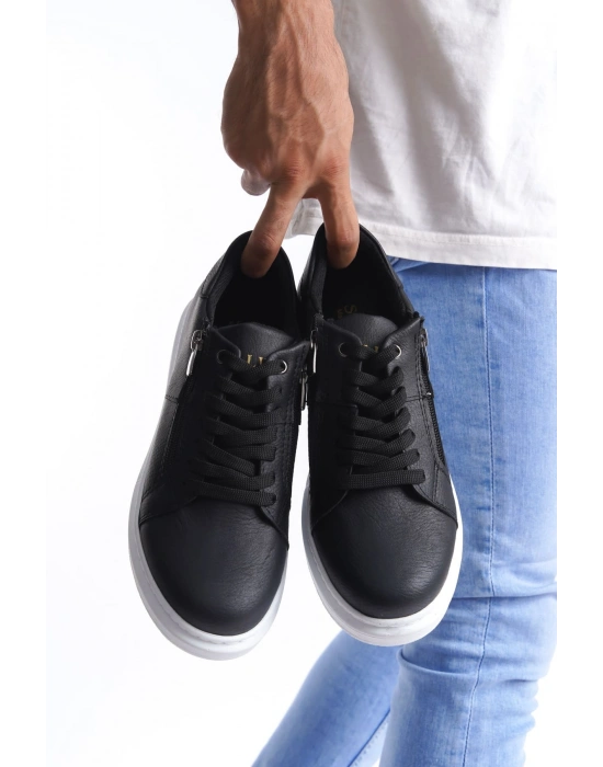 SLW155 Warrior Bağcıklı ve Fermuarlı Cilt Erkek Günlük Sneaker Ayakkabı CBT - Siyah