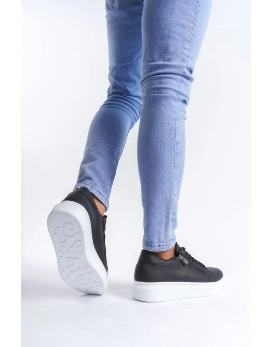 SLW155 Warrior Bağcıklı ve Fermuarlı Cilt Erkek Günlük Sneaker Ayakkabı CBT - Siyah