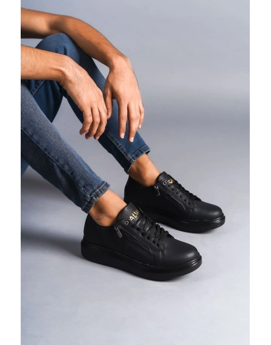 SLW155 Warrior Bağcıklı ve Fermuarlı Cilt Erkek Günlük Sneaker Ayakkabı CST - Siyah