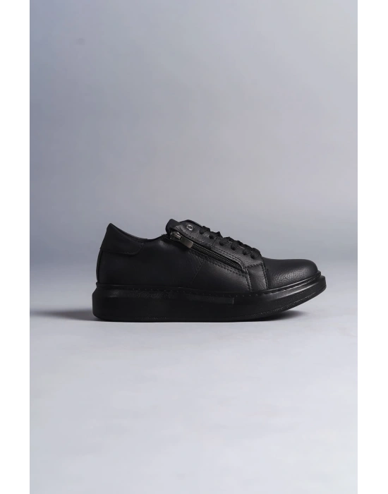 SLW155 Warrior Bağcıklı ve Fermuarlı Cilt Erkek Günlük Sneaker Ayakkabı CST - Siyah