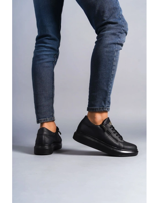 SLW155 Warrior Bağcıklı ve Fermuarlı Cilt Erkek Günlük Sneaker Ayakkabı CST - Siyah