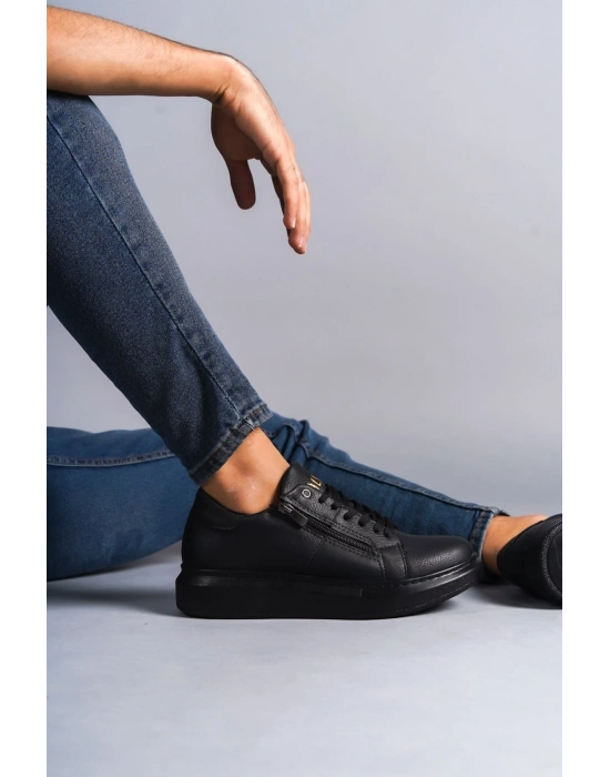 SLW155 Warrior Bağcıklı ve Fermuarlı Cilt Erkek Günlük Sneaker Ayakkabı CST - Siyah