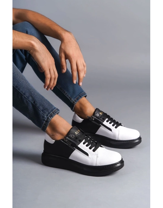 SLW155 Warrior Bağcıklı ve Fermuarlı Cilt Erkek Günlük Sneaker Ayakkabı CST - Siyah/Beyaz