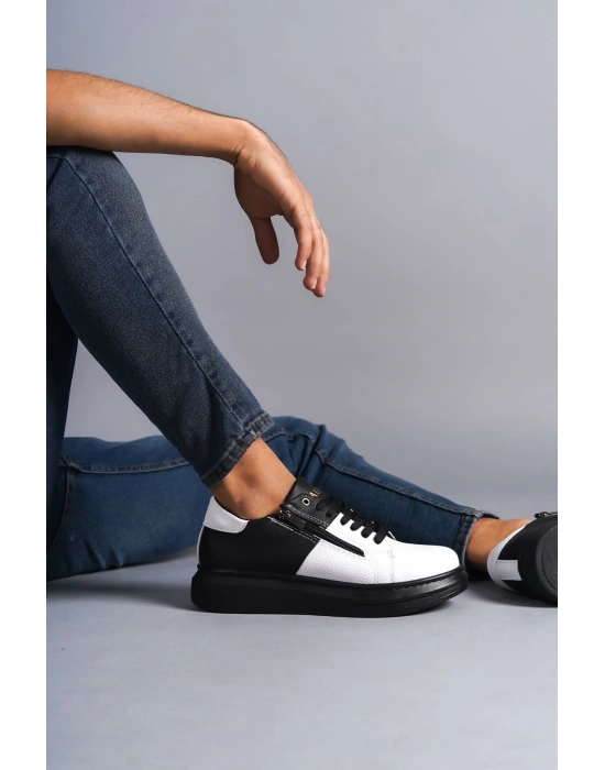 SLW155 Warrior Bağcıklı ve Fermuarlı Cilt Erkek Günlük Sneaker Ayakkabı CST - Siyah/Beyaz