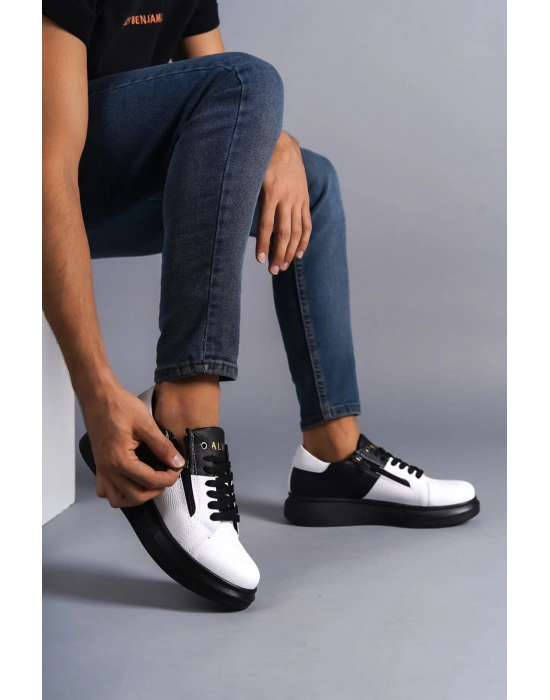 SLW155 Warrior Bağcıklı ve Fermuarlı Cilt Erkek Günlük Sneaker Ayakkabı CST - Siyah/Beyaz