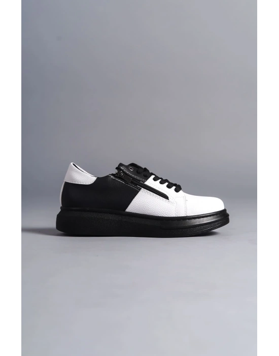 SLW155 Warrior Bağcıklı ve Fermuarlı Cilt Erkek Günlük Sneaker Ayakkabı CST - Siyah/Beyaz