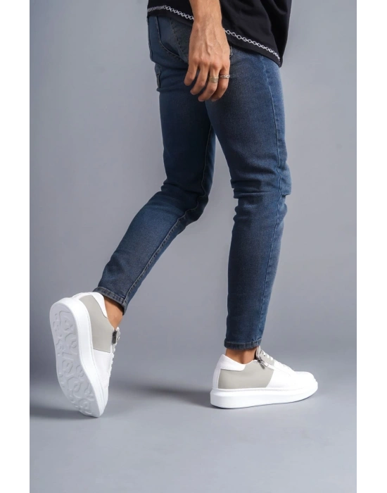 SLW155 Warrior Bağcıklı ve Fermuarlı Cilt Süet Erkek Günlük Sneaker Ayakkabı CSBT - Beyaz/Gri