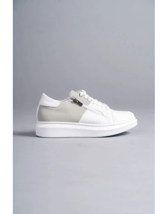 SLW155 Warrior Bağcıklı ve Fermuarlı Cilt Süet Erkek Günlük Sneaker Ayakkabı CSBT - Beyaz/Gri