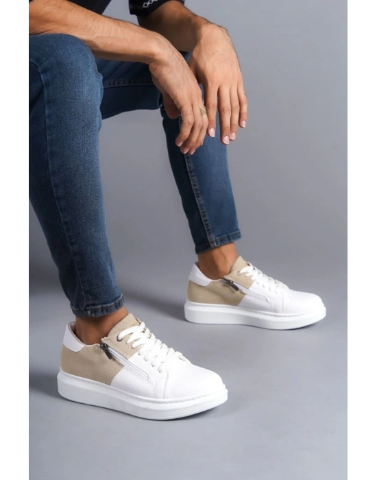 SLW155 Warrior Bağcıklı ve Fermuarlı Cilt Süet Erkek Günlük Sneaker Ayakkabı CSBT - Beyaz/Krem