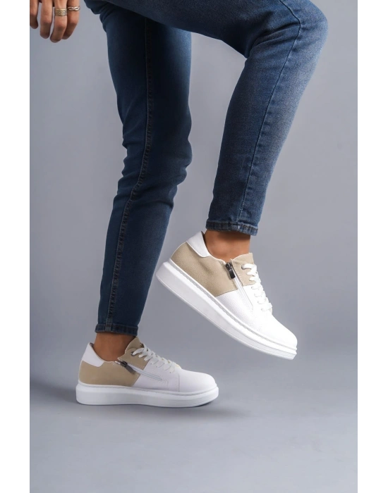 SLW155 Warrior Bağcıklı ve Fermuarlı Cilt Süet Erkek Günlük Sneaker Ayakkabı CSBT - Beyaz/Krem