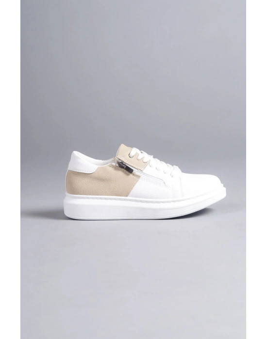 SLW155 Warrior Bağcıklı ve Fermuarlı Cilt Süet Erkek Günlük Sneaker Ayakkabı CSBT - Beyaz/Krem