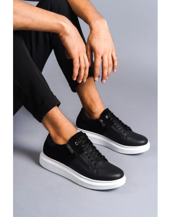 SLW155 Warrior Bağcıklı ve Fermuarlı Cilt Süet Erkek Günlük Sneaker Ayakkabı CSBT - Siyah