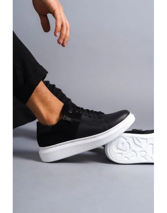 SLW155 Warrior Bağcıklı ve Fermuarlı Cilt Süet Erkek Günlük Sneaker Ayakkabı CSBT - Siyah