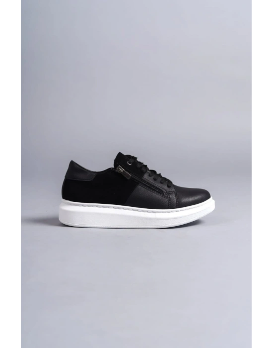 SLW155 Warrior Bağcıklı ve Fermuarlı Cilt Süet Erkek Günlük Sneaker Ayakkabı CSBT - Siyah