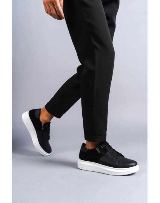 Slw155 Warrior Bağcıklı Ve Fermuarlı Cilt Süet Erkek Günlük Csbt - Siyah Erkek Sneaker Ayakkabı