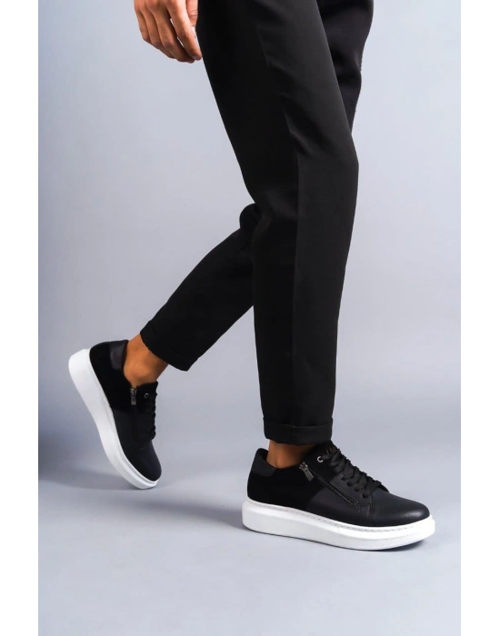 SLW155 Warrior Bağcıklı ve Fermuarlı Cilt Süet Erkek Günlük Sneaker Ayakkabı CSBT - Siyah