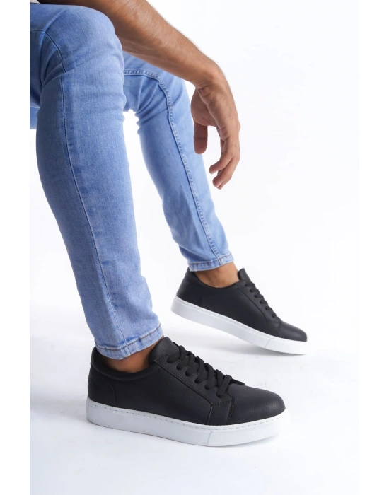 SLW165 Elite Bağcıklı Cilt Erkek Günlük Sneaker Ayakkabı CBT - Siyah