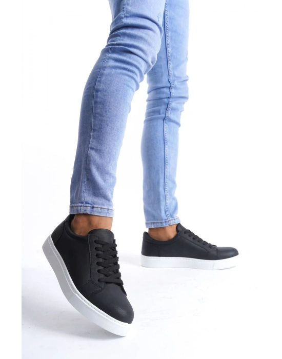 SLW165 Elite Bağcıklı Cilt Erkek Günlük Sneaker Ayakkabı CBT - Siyah