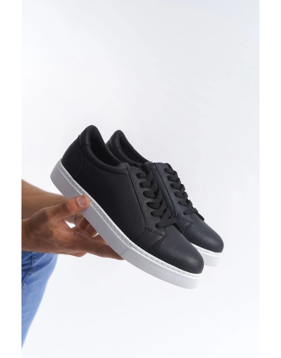 SLW165 Elite Bağcıklı Cilt Erkek Günlük Sneaker Ayakkabı CBT - Siyah