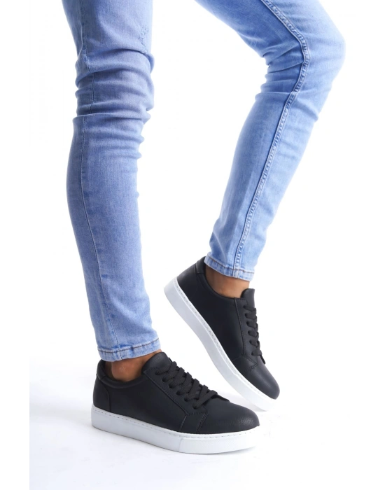 SLW165 Elite Bağcıklı Cilt Erkek Günlük Sneaker Ayakkabı CBT - Siyah