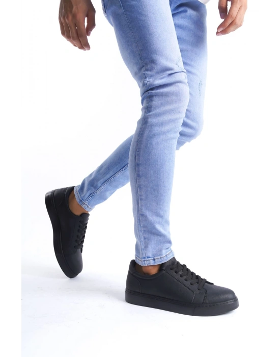 SLW165 Elite Bağcıklı Cilt Erkek Günlük Sneaker Ayakkabı CST - Siyah