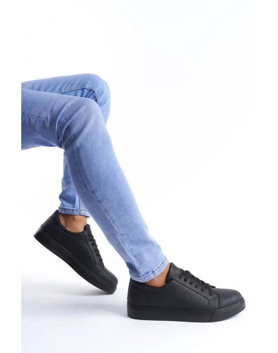 SLW165 Elite Bağcıklı Cilt Erkek Günlük Sneaker Ayakkabı CST - Siyah