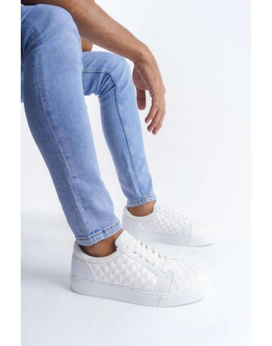 SLW166 Prestige Bağcıklı Cilt Kapitone Desenli Erkek Günlük Sneaker Ayakkabı CBT - Beyaz
