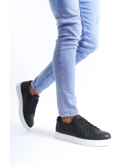 SLW166 Prestige Bağcıklı Cilt Kapitone Desenli Erkek Günlük Sneaker Ayakkabı CBT - Siyah