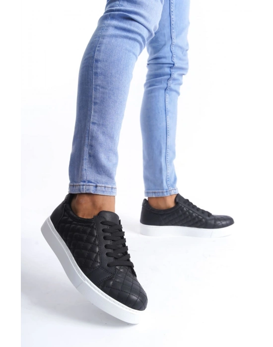 SLW166 Prestige Bağcıklı Cilt Kapitone Desenli Erkek Günlük Sneaker Ayakkabı CBT - Siyah