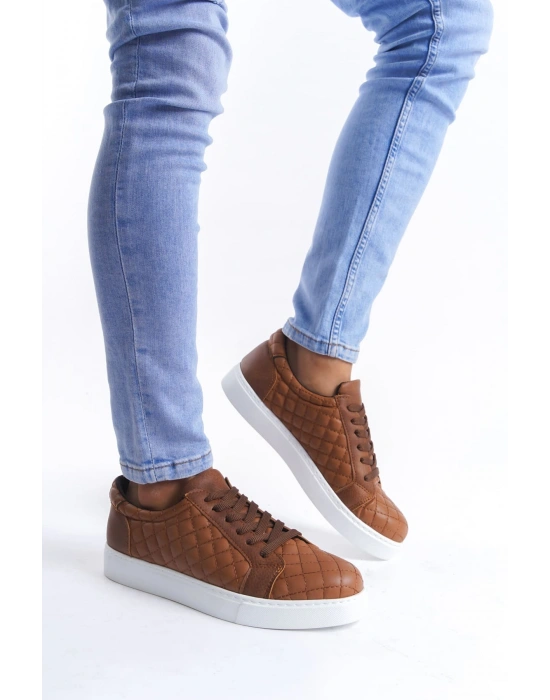 SLW166 Prestige Bağcıklı Cilt Kapitone Desenli Erkek Günlük Sneaker Ayakkabı CBT - Taba