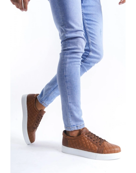 SLW166 Prestige Bağcıklı Cilt Kapitone Desenli Erkek Günlük Sneaker Ayakkabı CBT - Taba