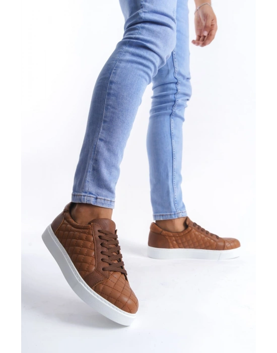 SLW166 Prestige Bağcıklı Cilt Kapitone Desenli Erkek Günlük Sneaker Ayakkabı CBT - Taba