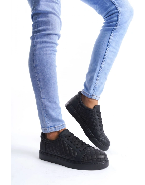 SLW166 Prestige Bağcıklı Cilt Kapitone Desenli Erkek Günlük Sneaker Ayakkabı CST - Siyah