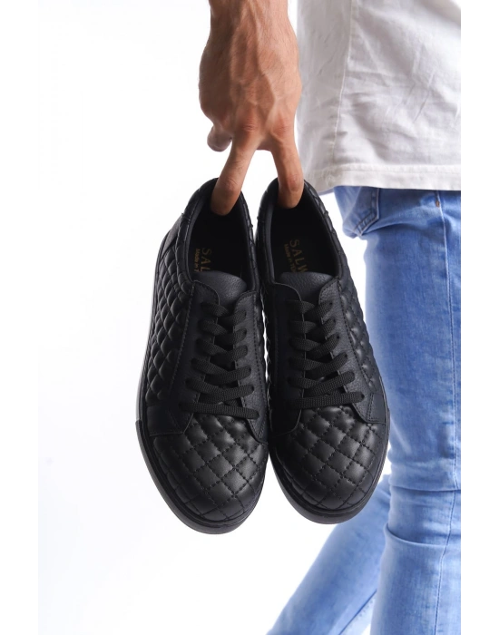 SLW166 Prestige Bağcıklı Cilt Kapitone Desenli Erkek Günlük Sneaker Ayakkabı CST - Siyah